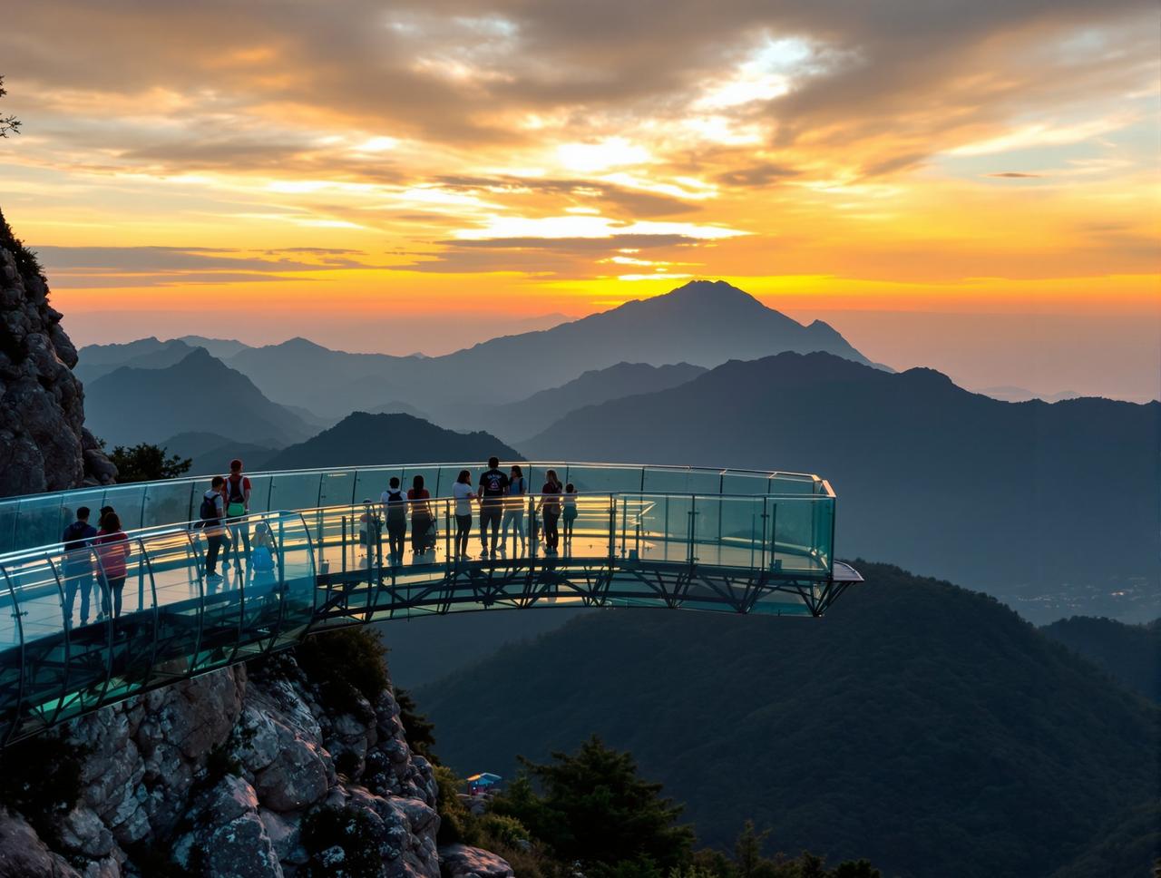 吃瓜事件 - 景区玻璃栈道观景平台日落时分山景背景