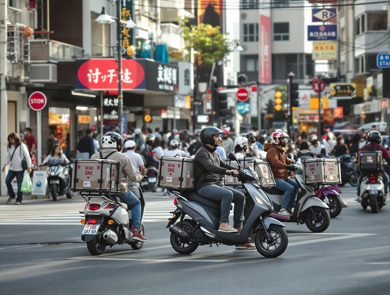 吃瓜事件 - 城市街头外卖骑手电动车穿梭于商业区